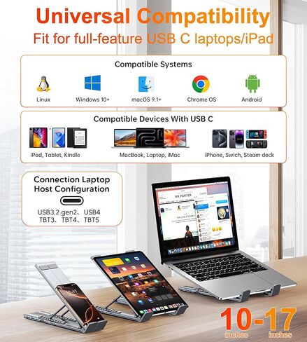 حامل محطة إرساء للكمبيوتر المحمول USB C، حامل كمبيوتر لوحي USB C، محور USB C 7 في 1 مع HDMI 4K، 2 USB 3.1، PD 100W، محطة إرساء عالمية لأجهزة MacBook Pro/Air/Dell/HP/Surface/Lenovo، التوصيل والتشغيل in Kuwait