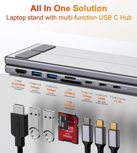 حامل محطة إرساء للكمبيوتر المحمول USB C، حامل كمبيوتر لوحي USB C، محور USB C 7 في 1 مع HDMI 4K، 2 USB 3.1، PD 100W، محطة إرساء عالمية لأجهزة MacBook Pro/Air/Dell/HP/Surface/Lenovo، التوصيل والتشغيل in Kuwait