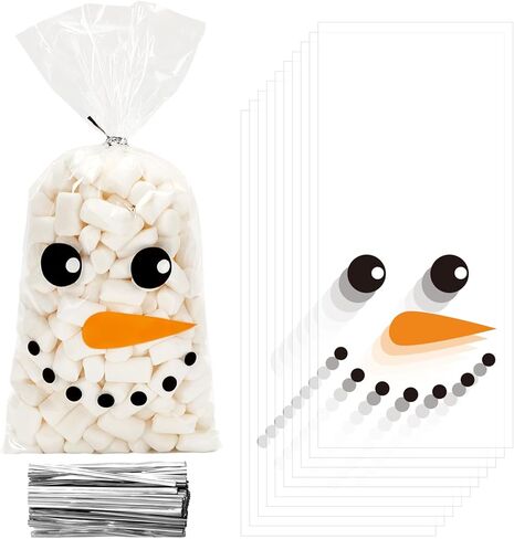 JarThenaAMCS 150Pcs Christmas Cellophane Treat Bags - Cute Winter Snowman Candy Cookie Plastic Xmas Cello Goodie With Twist Ties for Holiday Party Favors in Saudi Arabia