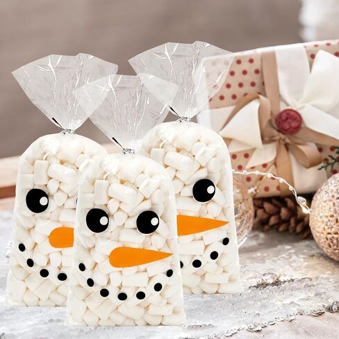 JarThenaAMCS 150Pcs Christmas Cellophane Treat Bags - Cute Winter Snowman Candy Cookie Plastic Xmas Cello Goodie With Twist Ties for Holiday Party Favors in Saudi Arabia