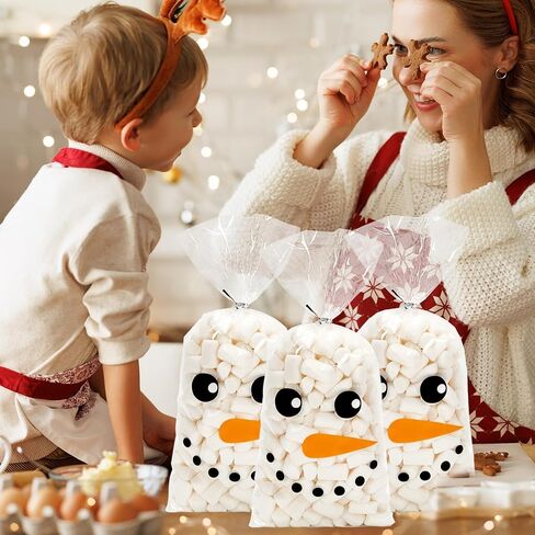 JarThenaAMCS 150Pcs Christmas Cellophane Treat Bags - Cute Winter Snowman Candy Cookie Plastic Xmas Cello Goodie With Twist Ties for Holiday Party Favors in Saudi Arabia