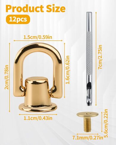 12 PCS D Rings for Purse with Hole Punch Tool - 360 Degree Rotatable D Ring for Purse, Bag Hardware, Belt, DIY Leather Craft, Craft Accessories Decoration (Gold) in Kuwait