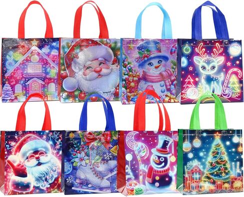 32 Pcs Christmas Gift Bags in 8 Styles, Waterproof Non-Woven Small Xmas Gift Bags Bulk for Gift Wrapping, Reusable Laser Tote Bags with Handles for Xmas Party Favors in Saudi Arabia