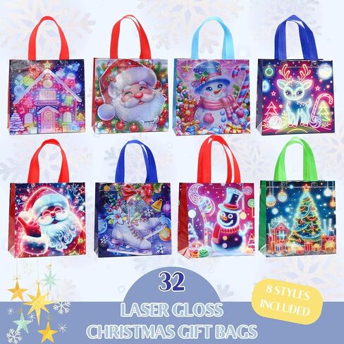 32 Pcs Christmas Gift Bags in 8 Styles, Waterproof Non-Woven Small Xmas Gift Bags Bulk for Gift Wrapping, Reusable Laser Tote Bags with Handles for Xmas Party Favors in Saudi Arabia