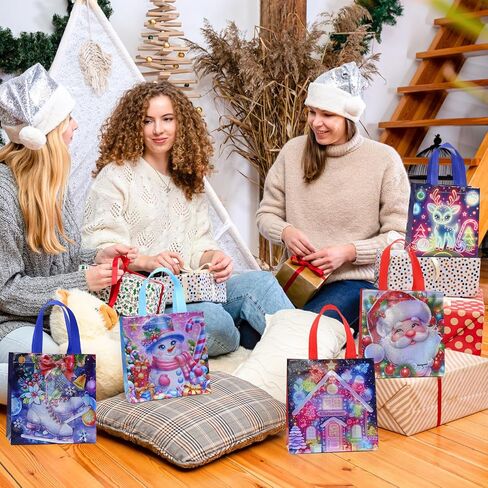 32 Pcs Christmas Gift Bags in 8 Styles, Waterproof Non-Woven Small Xmas Gift Bags Bulk for Gift Wrapping, Reusable Laser Tote Bags with Handles for Xmas Party Favors in Saudi Arabia