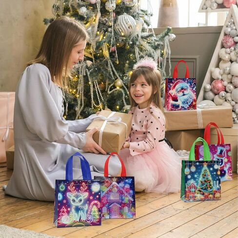 32 Pcs Christmas Gift Bags in 8 Styles, Waterproof Non-Woven Small Xmas Gift Bags Bulk for Gift Wrapping, Reusable Laser Tote Bags with Handles for Xmas Party Favors in Saudi Arabia