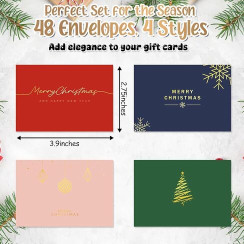 Zhanmai 48 Pcs Christmas Mini Gift Card Gold Foiled Envelopes Holders 3.9x2.7 Inch Greeting Business Sleeve Credit Cards Envelopes for Christmas Tips Coins Xmas Holiday Greeting Presents, Without Card in Saudi Arabia