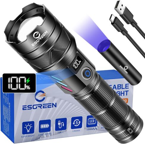 Super Bright Rechargeable Flashlights High Brightness 1000000 Lumens, Powerful Long Range 5000 ft LED Strong Big Flash lights, Long Lasting USB C, LCD Digital Display, 5 Modes, Double Switches in Saudi Arabia