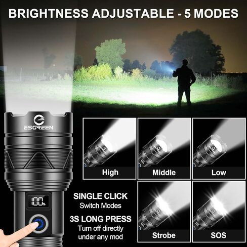 Super Bright Rechargeable Flashlights High Brightness 1000000 Lumens, Powerful Long Range 5000 ft LED Strong Big Flash lights, Long Lasting USB C, LCD Digital Display, 5 Modes, Double Switches in Saudi Arabia