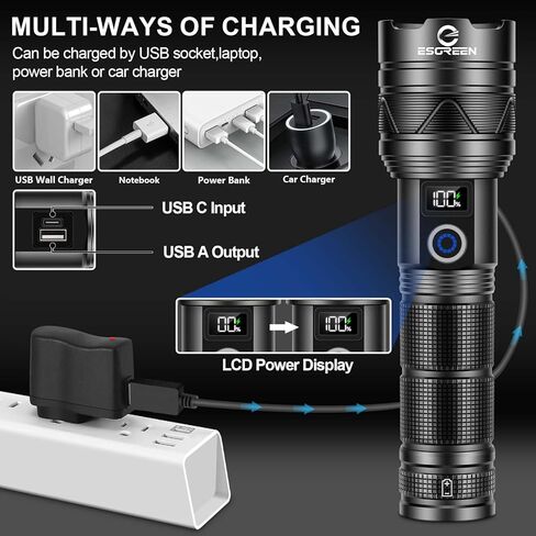 Super Bright Rechargeable Flashlights High Brightness 1000000 Lumens, Powerful Long Range 5000 ft LED Strong Big Flash lights, Long Lasting USB C, LCD Digital Display, 5 Modes, Double Switches in Saudi Arabia