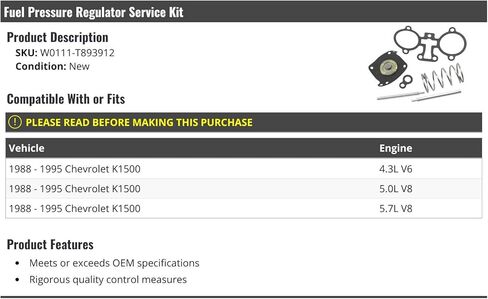 Fuel Pressure Regulator Service Kit - Compatible with 1988-1995 Chevy K1500 in Saudi Arabia