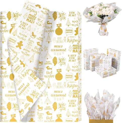 100 ورقة من المناديل الورقية الذهبية لعيد الميلاد، ورق تغليف هدايا عيد الميلاد الذهبي لمستلزمات حفلات عيد الميلاد المصنوعة يدويًا، 13.8 × 19.7 بوصة (ذهبي) in Kuwait