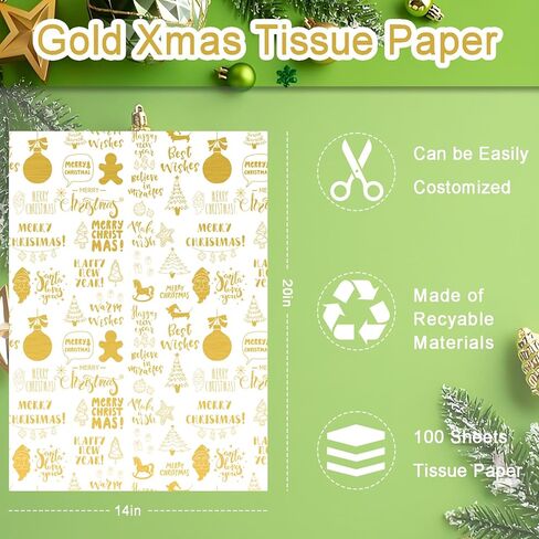 100 ورقة من المناديل الورقية الذهبية لعيد الميلاد، ورق تغليف هدايا عيد الميلاد الذهبي لمستلزمات حفلات عيد الميلاد المصنوعة يدويًا، 13.8 × 19.7 بوصة (ذهبي) in Kuwait