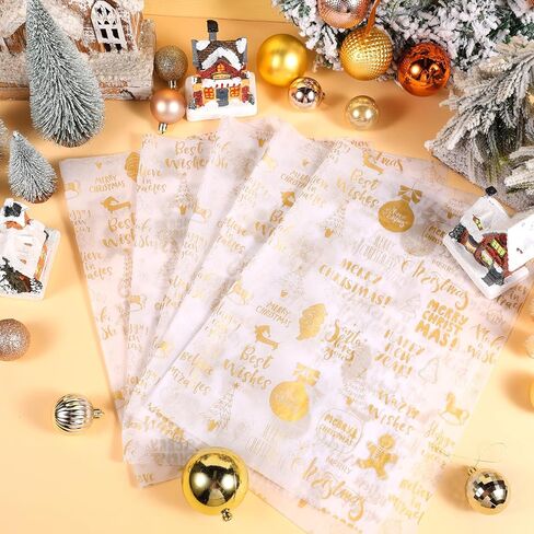 100 ورقة من المناديل الورقية الذهبية لعيد الميلاد، ورق تغليف هدايا عيد الميلاد الذهبي لمستلزمات حفلات عيد الميلاد المصنوعة يدويًا، 13.8 × 19.7 بوصة (ذهبي) in Kuwait