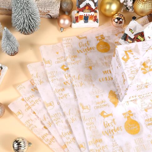100 ورقة من المناديل الورقية الذهبية لعيد الميلاد، ورق تغليف هدايا عيد الميلاد الذهبي لمستلزمات حفلات عيد الميلاد المصنوعة يدويًا، 13.8 × 19.7 بوصة (ذهبي) in Kuwait