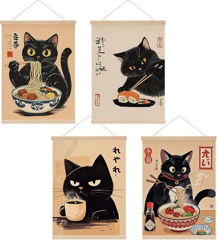 4 Pcs Vintage Japanese Cat Wall Art Hanging Banner, Japanese Noodle Sushi Linen Banner Poster Hanger Wall Decor for Home Kitchen Dining Room Wall Decor, Cat Lover Gifts for Women in Saudi Arabia