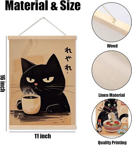4 Pcs Vintage Japanese Cat Wall Art Hanging Banner, Japanese Noodle Sushi Linen Banner Poster Hanger Wall Decor for Home Kitchen Dining Room Wall Decor, Cat Lover Gifts for Women in Saudi Arabia