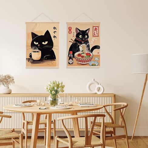 4 Pcs Vintage Japanese Cat Wall Art Hanging Banner, Japanese Noodle Sushi Linen Banner Poster Hanger Wall Decor for Home Kitchen Dining Room Wall Decor, Cat Lover Gifts for Women in Saudi Arabia