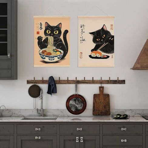 4 Pcs Vintage Japanese Cat Wall Art Hanging Banner, Japanese Noodle Sushi Linen Banner Poster Hanger Wall Decor for Home Kitchen Dining Room Wall Decor, Cat Lover Gifts for Women in Saudi Arabia