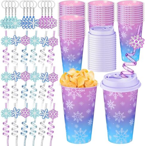 24 Set Snowflake Themed Party Plastic Cups 16 oz Snowflake Cups Gifts with Lids and Straws Keychains Reusable Tumbler for Winter Party Birthday Gifts in Kuwait