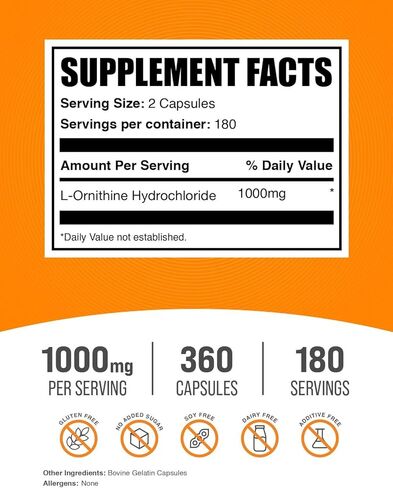 BULKSUPPLEMENTS.COM L-Ornithine HCl Capsules - L-Ornithine Hydrochloride - Ornithine Capsules - Amino Acids Supplement - L Ornithine 1000mg - 2 Capsules per Serving, 90-Day Supply (180 Capsules) in Saudi Arabia