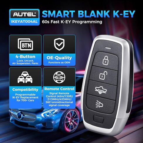 2026 Autel MaxiIM IKEYAT004AL Programmable Blank Key, 360° 130FT Remote, 4 Buttons Universal Fob Replacement for 700+ Vehicle, Air Suspension, Work with Autel KM100, IM508S, IM608 PRO II in Saudi Arabia