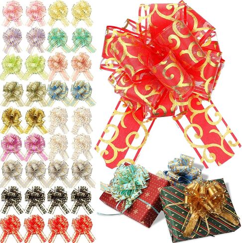 Poen 36 Pcs 6 Inch Christmas Pull Bows Gift Wrapping Glitter Swirl Pattern Pull Bows Large Gift Pull Bow with Ribbon for Christmas Wedding Baskets Valentine's Day Birthday Decoration(Multicolor) in Saudi Arabia