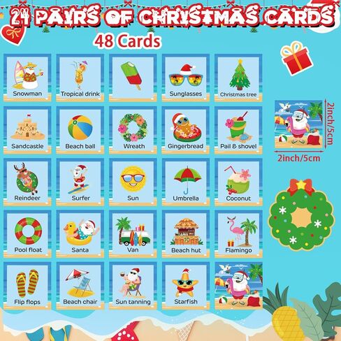 Containlol 48 Pcs Summer Christmas Games Hawaiian Christmas Matching Games Cards Summer Beach Memory Cards for Adult Family Gathering Favors Holiday Tropical Xmas Party Supplies in Saudi Arabia