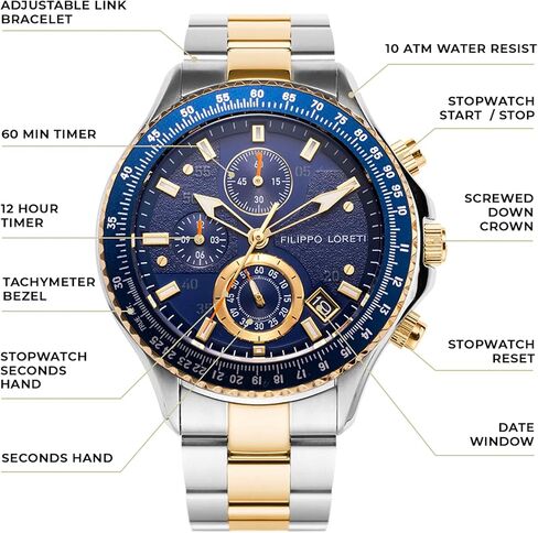 FILIPPO LORETI Sport Pilot Steel Black Chronograph Mecaquartz 42mm 100M Water Resistance Wrist Watch for Men in Saudi Arabia