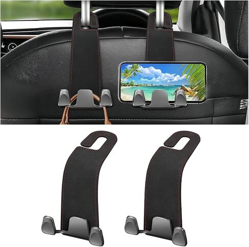 Car Seat Headrest Hook, 2PCS Leather & Metal Double Hook Vehicle Back Seat Hanger Holder for Phone Handbag Purse, Automobile Storage Organizer, Universal for Van Truck Sedan (Black) in Saudi Arabia