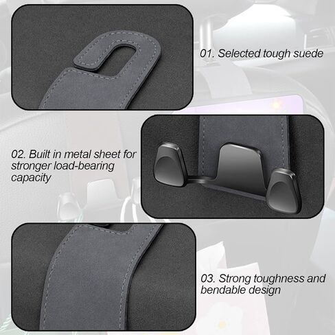 Car Seat Headrest Hook, 2PCS Leather & Metal Double Hook Vehicle Back Seat Hanger Holder for Phone Handbag Purse, Automobile Storage Organizer, Universal for Van Truck Sedan (Black) in Saudi Arabia