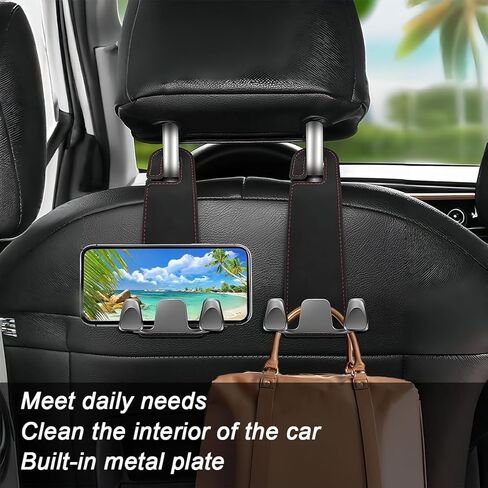 Car Seat Headrest Hook, 2PCS Leather & Metal Double Hook Vehicle Back Seat Hanger Holder for Phone Handbag Purse, Automobile Storage Organizer, Universal for Van Truck Sedan (Black) in Saudi Arabia