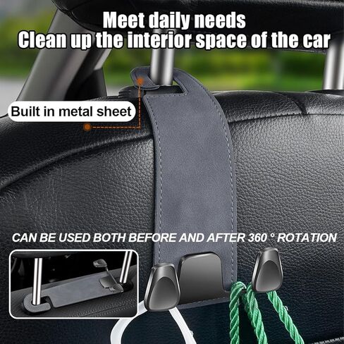 Car Seat Headrest Hook, 2PCS Leather & Metal Double Hook Vehicle Back Seat Hanger Holder for Phone Handbag Purse, Automobile Storage Organizer, Universal for Van Truck Sedan (Black) in Saudi Arabia