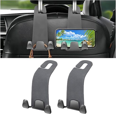 Car Seat Headrest Hook, 2PCS Leather & Metal Double Hook Vehicle Back Seat Hanger Holder for Phone Handbag Purse, Automobile Storage Organizer, Universal for Van Truck Sedan (Black) in Saudi Arabia