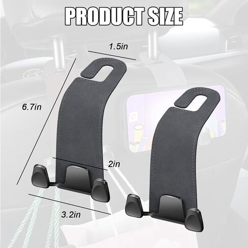 Car Seat Headrest Hook, 2PCS Leather & Metal Double Hook Vehicle Back Seat Hanger Holder for Phone Handbag Purse, Automobile Storage Organizer, Universal for Van Truck Sedan (Black) in Saudi Arabia