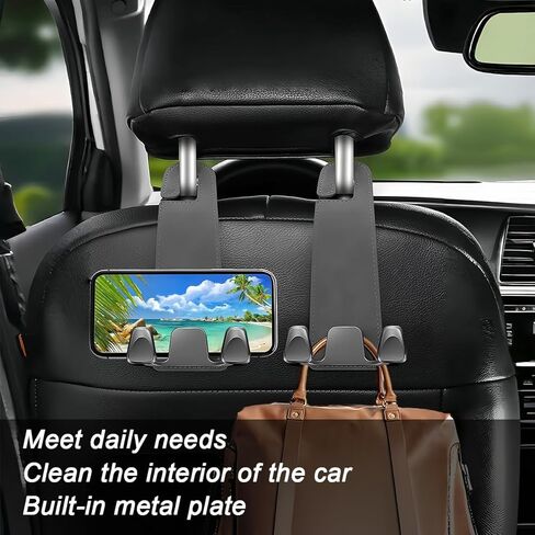 Car Seat Headrest Hook, 2PCS Leather & Metal Double Hook Vehicle Back Seat Hanger Holder for Phone Handbag Purse, Automobile Storage Organizer, Universal for Van Truck Sedan (Black) in Saudi Arabia