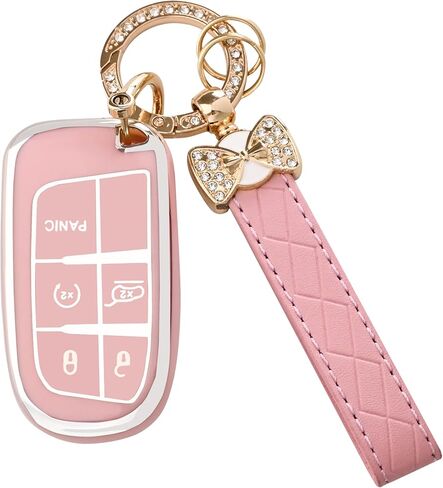 for Dodge Challenger Key Fob Cover - 3 4 5 Buttons Soft TPU Key Fob Case for Durango Charger Jeep Grand Cherokee Renegade Compass Comander Full Protection Car Key Cover with Bling Keychain （Pink） in Saudi Arabia