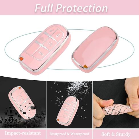 for Dodge Challenger Key Fob Cover - 3 4 5 Buttons Soft TPU Key Fob Case for Durango Charger Jeep Grand Cherokee Renegade Compass Comander Full Protection Car Key Cover with Bling Keychain （Pink） in Saudi Arabia