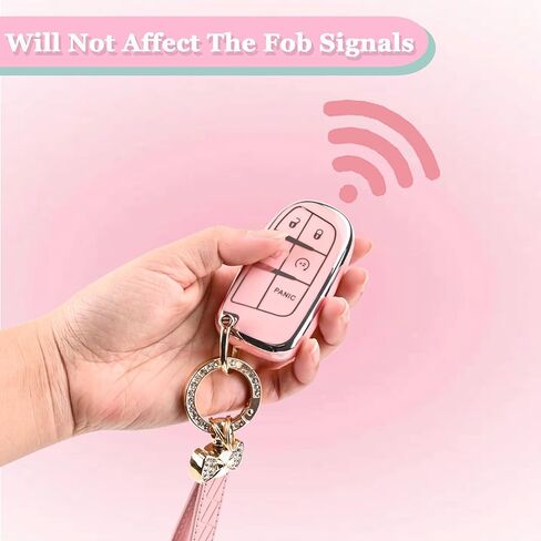 for Dodge Challenger Key Fob Cover - 3 4 5 Buttons Soft TPU Key Fob Case for Durango Charger Jeep Grand Cherokee Renegade Compass Comander Full Protection Car Key Cover with Bling Keychain （Pink） in Saudi Arabia