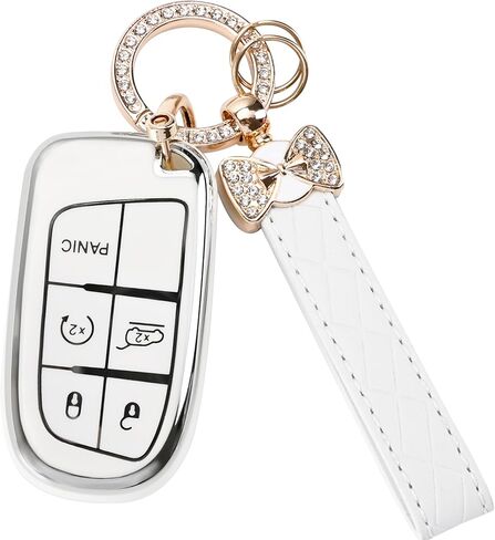 for Dodge Challenger Key Fob Cover - 3 4 5 Buttons Soft TPU Key Fob Case for Durango Charger Jeep Grand Cherokee Renegade Compass Comander Full Protection Car Key Cover with Bling Keychain （Pink） in Saudi Arabia