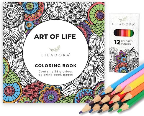 Art of Life Adult Coloring Book, 38 Pages with 12 Colored Pencils Set. For Relaxation and Stress Relief. Adult Coloring Books for Adults Relaxation. Stress Relief Gifts. in Saudi Arabia