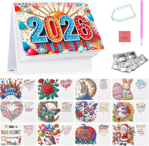 تقويم مكتب الرسم الفني الماسي 2026، تقويم شهري على سطح الطاولة مع مجموعة أدوات DIY لتزيين سطح المكتب والمنزل، هدية فنية ماسية سهلة الصنع in Saudi Arabia