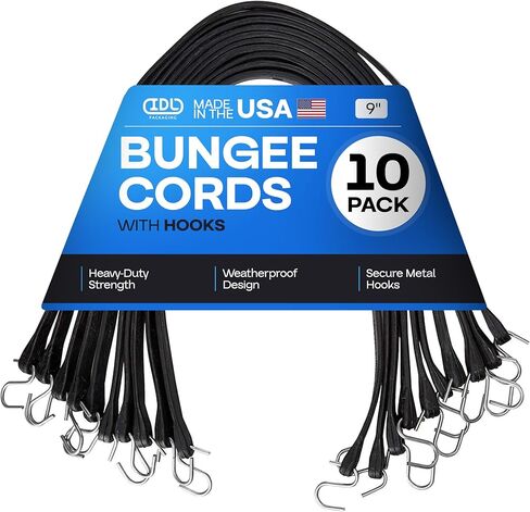 21-inch Bungee Cords with Hooks, 25-Pack - USA-Made 100% EPDM Tarp Straps with Metal Crimped S Hooks - Heavy-Duty Black Bungee Cord for Outdoor, Canvas Canopies, Motorcycle & Cargo by IDL Packaging in Saudi Arabia