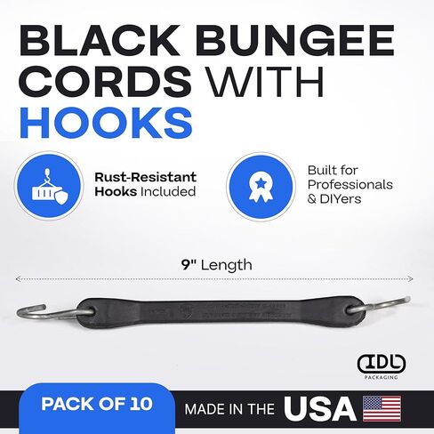 21-inch Bungee Cords with Hooks, 25-Pack - USA-Made 100% EPDM Tarp Straps with Metal Crimped S Hooks - Heavy-Duty Black Bungee Cord for Outdoor, Canvas Canopies, Motorcycle & Cargo by IDL Packaging in Saudi Arabia