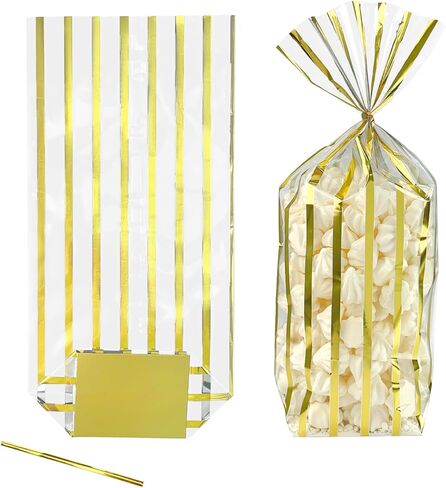 EKAPACKAGING 25 Pcs 3.21x2.42x12 Inch Gold Foil Stripe Cellophane Bags, Christmas Flat Bottom Treat Bags with Ties, Heat Sealable Clear Cello Bags for Cookies, Candy, Pastries, Goodies in Saudi Arabia