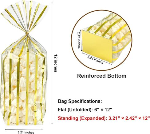 EKAPACKAGING 25 Pcs 3.21x2.42x12 Inch Gold Foil Stripe Cellophane Bags, Christmas Flat Bottom Treat Bags with Ties, Heat Sealable Clear Cello Bags for Cookies, Candy, Pastries, Goodies in Saudi Arabia