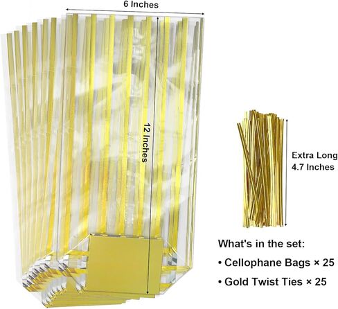 EKAPACKAGING 25 Pcs 3.21x2.42x12 Inch Gold Foil Stripe Cellophane Bags, Christmas Flat Bottom Treat Bags with Ties, Heat Sealable Clear Cello Bags for Cookies, Candy, Pastries, Goodies in Saudi Arabia