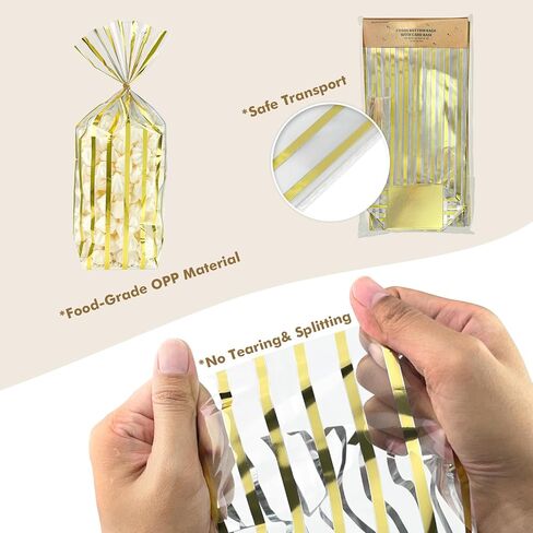 EKAPACKAGING 25 Pcs 3.21x2.42x12 Inch Gold Foil Stripe Cellophane Bags, Christmas Flat Bottom Treat Bags with Ties, Heat Sealable Clear Cello Bags for Cookies, Candy, Pastries, Goodies in Saudi Arabia