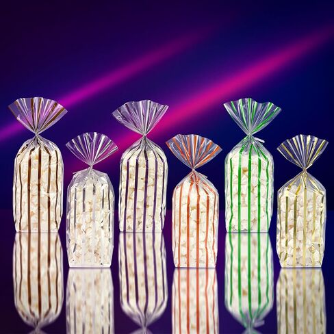 EKAPACKAGING 25 Pcs 3.21x2.42x12 Inch Gold Foil Stripe Cellophane Bags, Christmas Flat Bottom Treat Bags with Ties, Heat Sealable Clear Cello Bags for Cookies, Candy, Pastries, Goodies in Saudi Arabia
