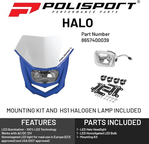 مصباح أمامي Polisport Halo للدراجات النارية والدراجات الترابية والدراجات النارية (MX وEnduro Racing & Riding) - مصباح هالوجين أمامي، نظام تركيب عالمي، معتمد من DOT وECE وSAE - أبيض/أزرق in Saudi Arabia